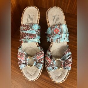 EUC VTG PELLE MODA Printed Scarf Tie Wedge Espadrilles 6.5 Aqua/Rust Brown/Gold